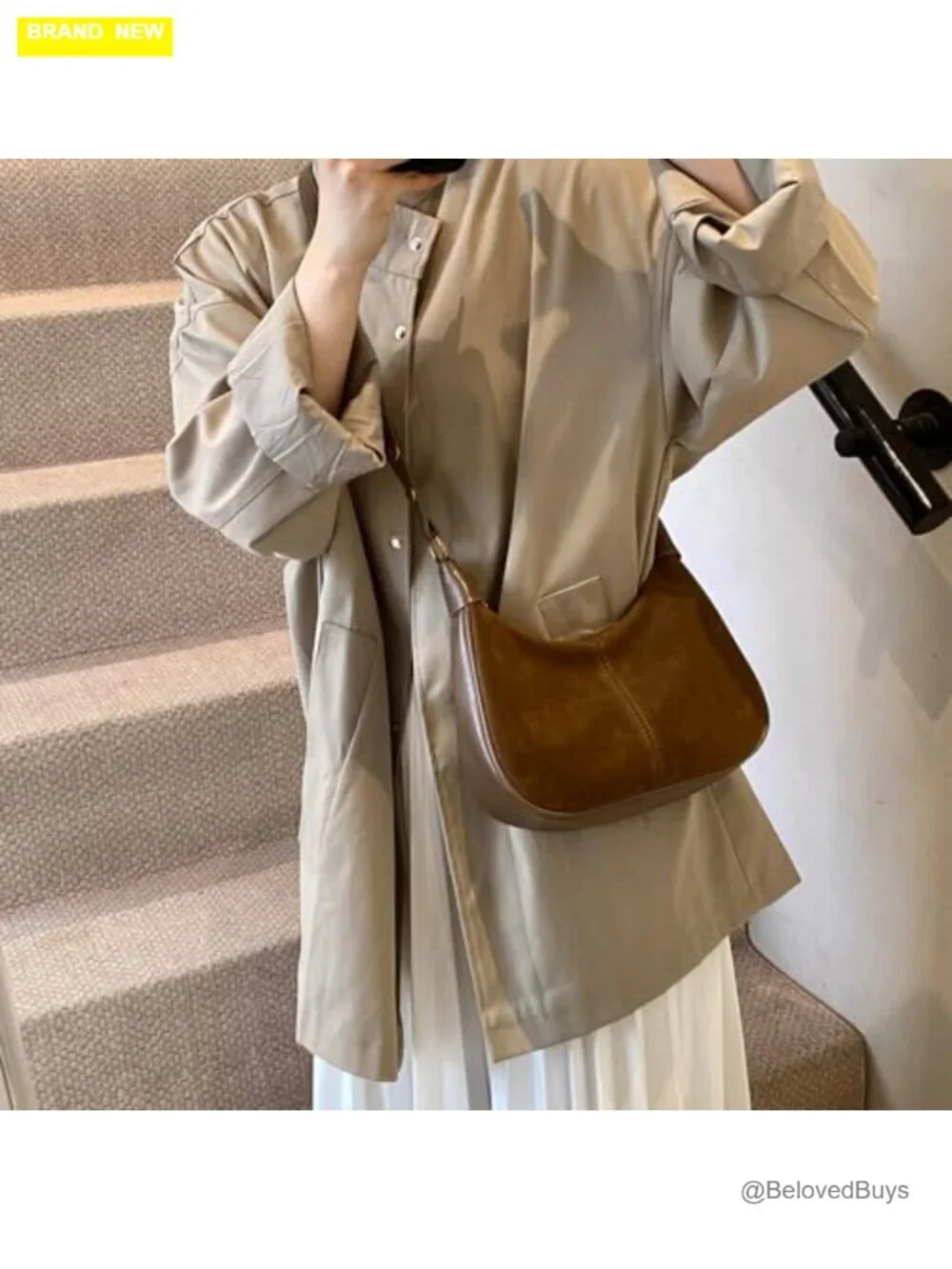 Faux Suede Faux Leather Hobo Crossbody Shoulder Bag Zipper Pocket